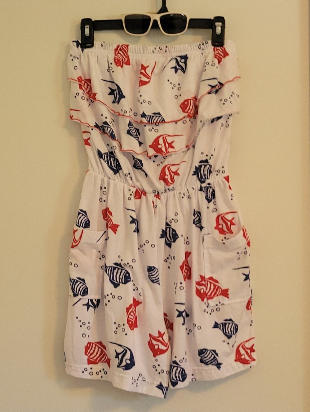 Strapless red, white & blue nautical fish print ruffled cotton romper. 2X